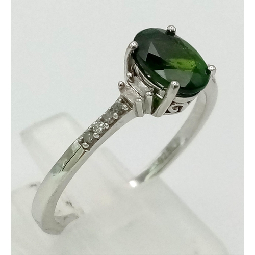 347 - New Sterling Silver and Emerald Green and Clear Cubic Zirconia Ring Size T, Set with a 8mm Oval Cut ... 