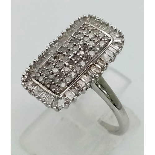 485 - New Stunning Sterling Silver and Diamond Rectangle Crown Cluster Ring Size T. 2cm Length Crown set w... 