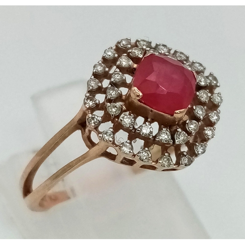 536 - 14K ROSE GOLD DIAMOND & RUBY CLUSTER RING. TOTAL WEIGHT  2.39G SIZE N