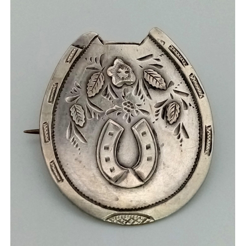 760 - An Antique 1888/9 Hallmarked Silver Lucky Horseshoe Shield Brooch 3cm Length 4.09 Grams