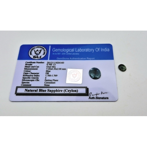 1781 - A 0.7ct Natural Blue Ceylon Sapphire. Oval Cut. GLI Certified.