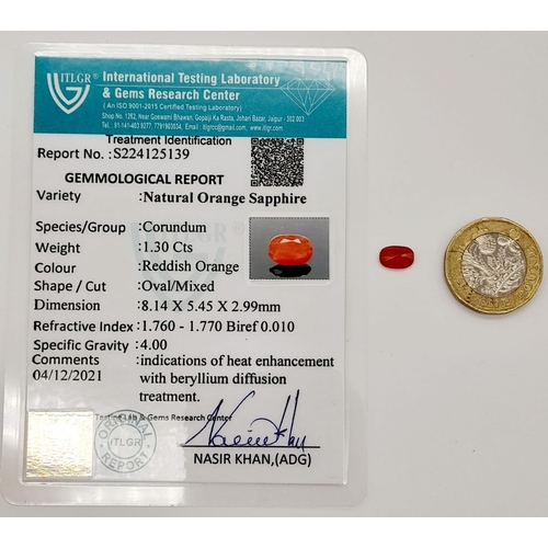 1416 - A 1.30ct Natural Orange - Red Sapphire Gemstone. ITLGR Certified. Rare Gem.