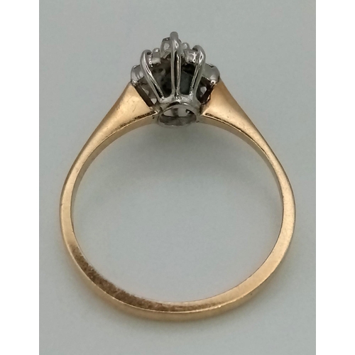 728 - 9K YELLOW GOLD DIAMOND & EMERLAD CLUSTER RING. TOTAL WEIGHT  1.9G.  SIZE M