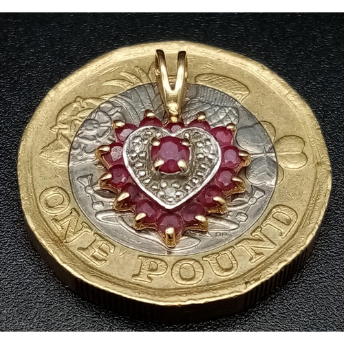 850 - 9K YELLOW GOLD DIAMOND & RUBY HEART PENDANT 0.8G