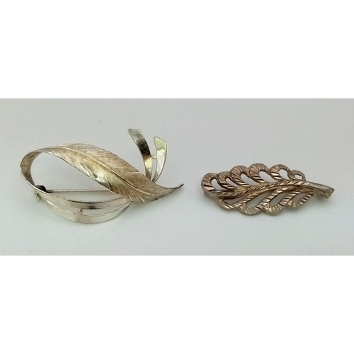 913 - A Parcel of Two Vintage Silver Leaf Pattern Brooches, Continental Origin (Possibly Czech or German. ... 