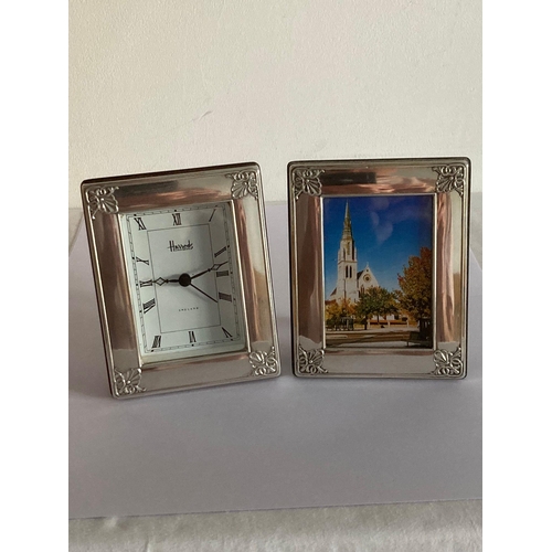 26 - HARRODS SILVER 2 PIECE SET to include a Vintage SILVER HARRODS CLOCK having foliage corner detail wi... 