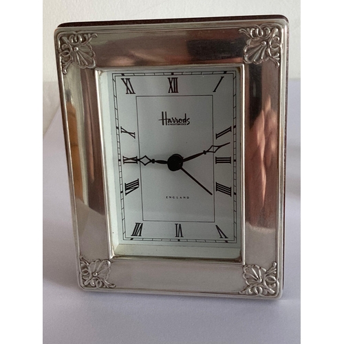 26 - HARRODS SILVER 2 PIECE SET to include a Vintage SILVER HARRODS CLOCK having foliage corner detail wi... 