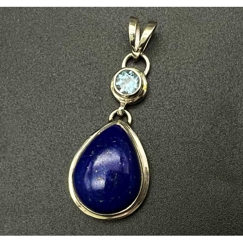 354 - New Sterling Silver Tear Drop Cut Lapis Lazuli and Round Topaz Set Pendant 4.5cm Drop. 2cm Width, Gr... 