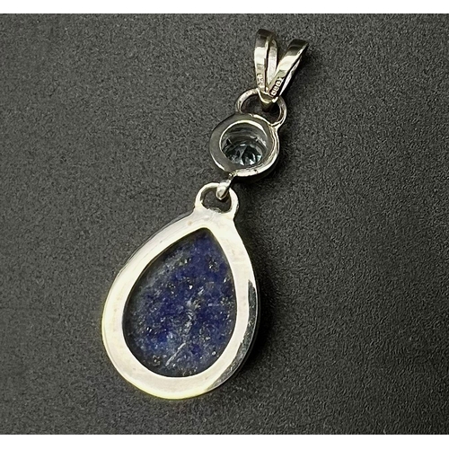 354 - New Sterling Silver Tear Drop Cut Lapis Lazuli and Round Topaz Set Pendant 4.5cm Drop. 2cm Width, Gr... 