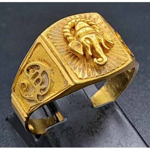 364 - A 22 K yellow gold Indian ring with the head of Ganesh on top. Ring size: S, weight: 4.3 g. REF: 010... 