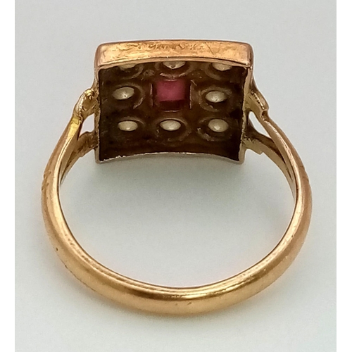 542 - 18K YELLOW GOLD ANTIQUE RUBY RING. TOTAL WEIGHT 3.45G.  SIZE J