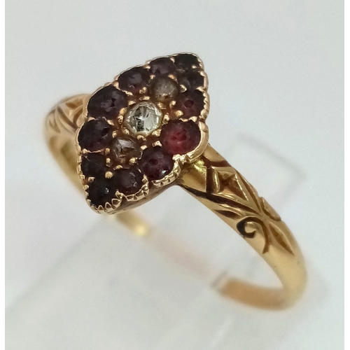 584 - 18K YELLOW GOLD VINTAGE GARNET & OLD CUT DIAMOND CLUSTER RING. TOTAL WEIGHT 2.8G.  SIZE S 1/2