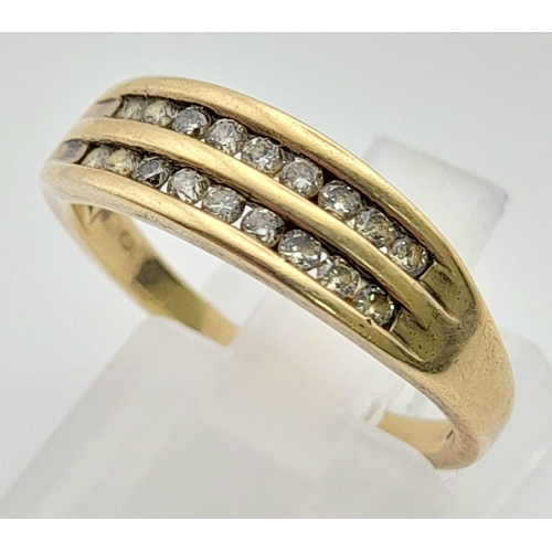 620 - 9K YELLOW GOLD 2 ROW DIAMOND RING. TOTAL WEIGHT 2.7G SIZE M