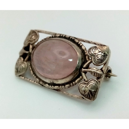 1007 - A Vintage or Antique Silver Rennie Mackintosh Design Rose Quartz Cabochon Brooch 3cm Wide,