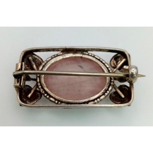 1007 - A Vintage or Antique Silver Rennie Mackintosh Design Rose Quartz Cabochon Brooch 3cm Wide,