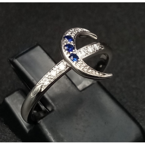 108 - 18K WHITE GOLD DIAMOND & SAPPHIRE MOON RING. TOTAL WEIGHT 1.94G.  SIZE J