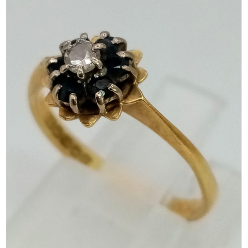 577 - 18K YELLOW GOLD VINTAGE DIAMOND & SAPPHIRE CLUSTER RING.  0.10CT DIAMOND. TOTAL WEIGHT 2.3G SIZE L