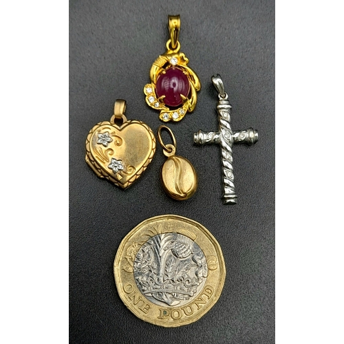 705 - A yellow gold lot consisting of;
9K four pendants and one with chain
18 K two pendants with stones A... 