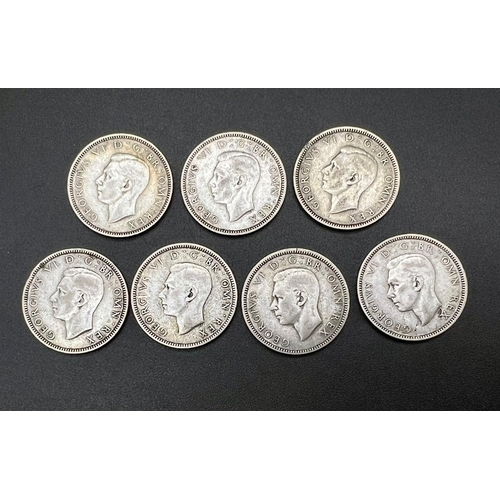 879 - A Rare Full Set of 7 Fine Condition WW2 Silver One Shilling Coins 1939- 1945 Inclusive (500 silver c... 