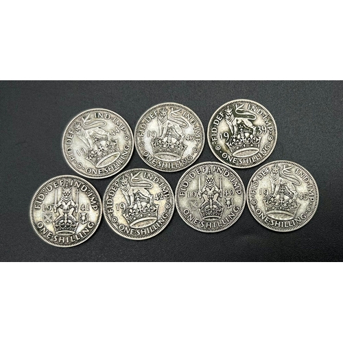 879 - A Rare Full Set of 7 Fine Condition WW2 Silver One Shilling Coins 1939- 1945 Inclusive (500 silver c... 