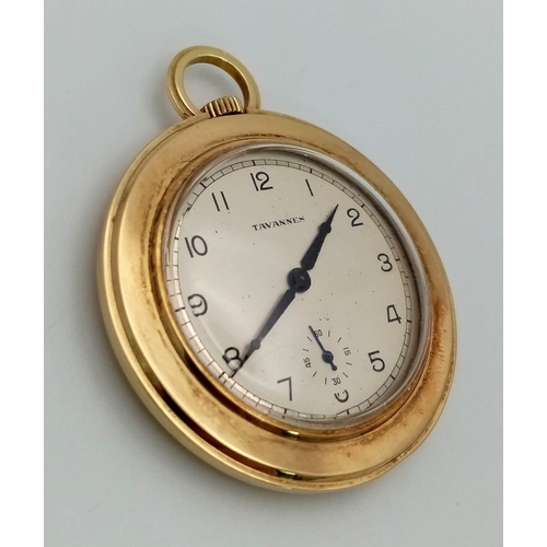 1454 - A Vintage 18K Yellow Gold Cased Tavannes Pocket Watch. Top winder. White dial with second sub dial. ... 