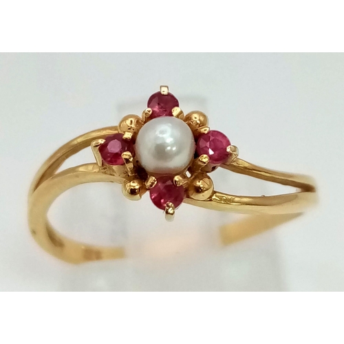 1433 - A Lovely Vintage 18K Yellow Gold, Ruby and Pearl Ring. Size L 1/2. 1.75g total weight.