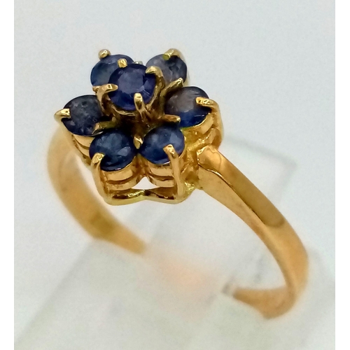 1447 - An 18K Yellow Gold Tourmaline Ring. Seven blue tourmalines in a floral pattern. Size M 1/2. 2.9g tot... 