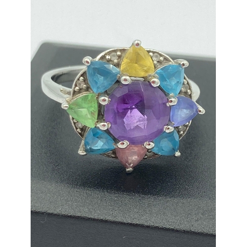 342 - Stunning SILVER MULT-GEMSTONE RING Having large centre amethyst with Topaz,Aqua,Peridot and Citrine ... 