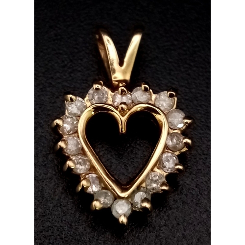 396 - 9K YELLOW GOLD DIAMOND SET OPEN HEART.  0.20CT DIAMOND. TOTAL WEIGHT 1.4G