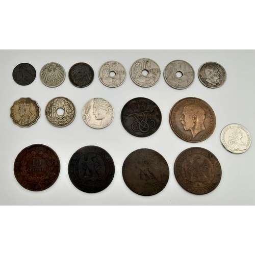 746 - A Parcel of 17 Antique World Coins from Dates 1834-1925 plus a 1752 Franc Tu Domine Spes Token, coin... 