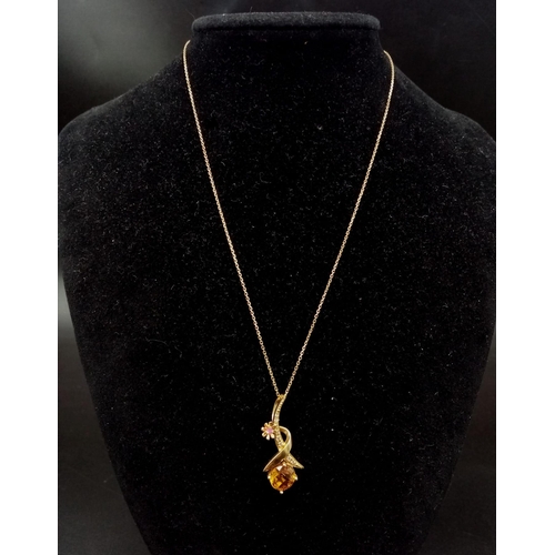 1123 - 14K YELLOW GOLD DIAMOND & CITRINE DROP PENDANT ON 14K YELLO GOLD CHAIN 4.6G