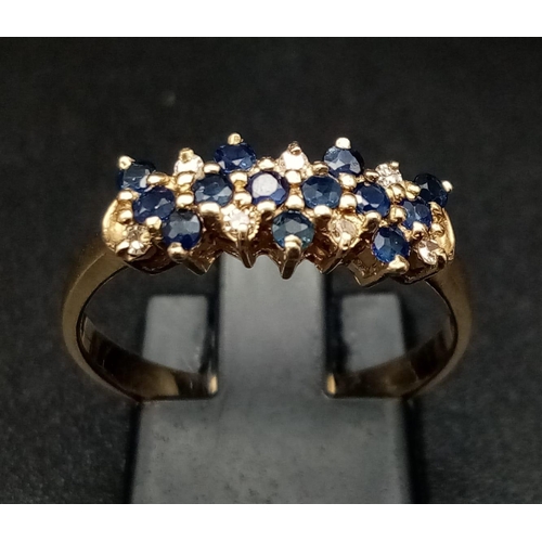 298 - 9K YELLOW GOLD DIAMOND & SAPPHIRE 3 ROW RING. TOTAL WEIGHT 2.3G.  SIZE P.