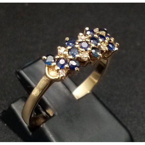 298 - 9K YELLOW GOLD DIAMOND & SAPPHIRE 3 ROW RING. TOTAL WEIGHT 2.3G.  SIZE P.