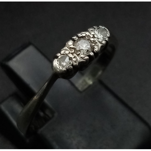 549 - 18K WHITE GOLD & PLATINUM VINTAGE DIAMOND 3 STONE RING.  0.15CT DIAMOND. TOTAL WEIGHT 2G.  SIZE N