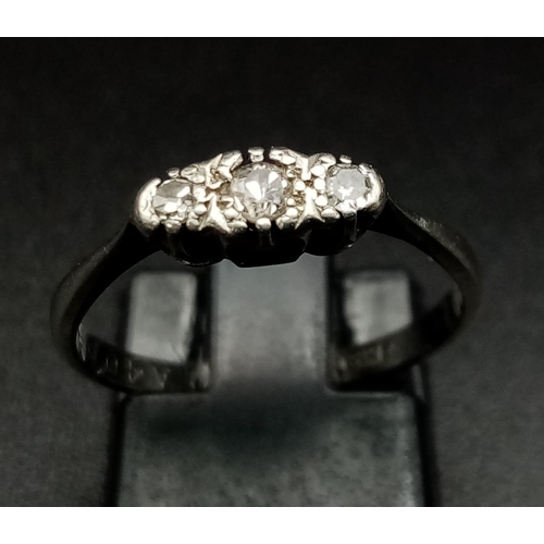 549 - 18K WHITE GOLD & PLATINUM VINTAGE DIAMOND 3 STONE RING.  0.15CT DIAMOND. TOTAL WEIGHT 2G.  SIZE N