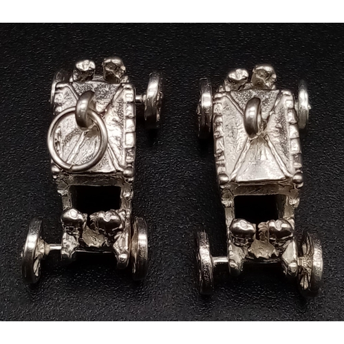 921 - 2 X STELRING SILVER CARRIAGE CHARMS WITH MOVING WHEELS 7.1G