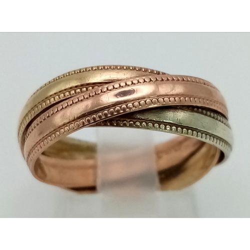 1355 - A 9k Tricolour Gold Band Ring. White, yellow and rose gold. 
Size O 1/2. 4g