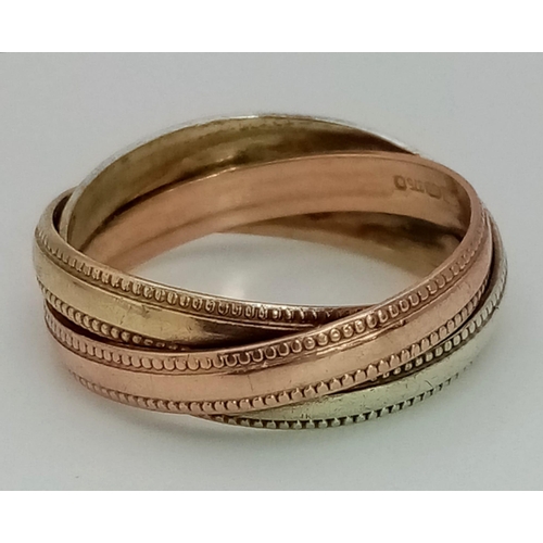 1355 - A 9k Tricolour Gold Band Ring. White, yellow and rose gold. 
Size O 1/2. 4g