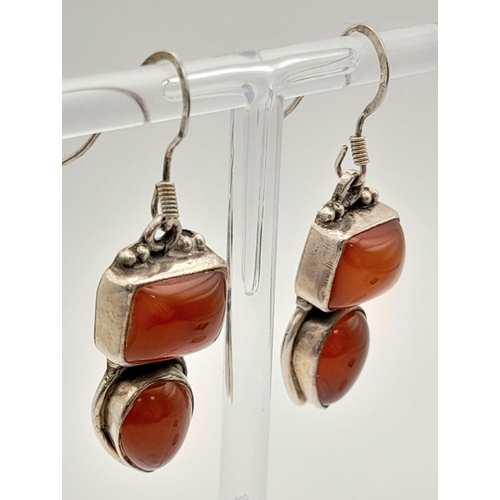 1408 - A Pair of Red Agate Silver Drop Earrings.