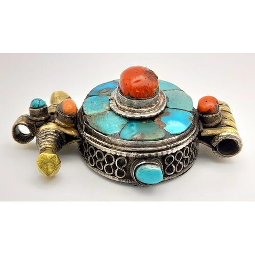 1486 - A Natural Coral and Turquoise Ethnic Pendant. 6cm