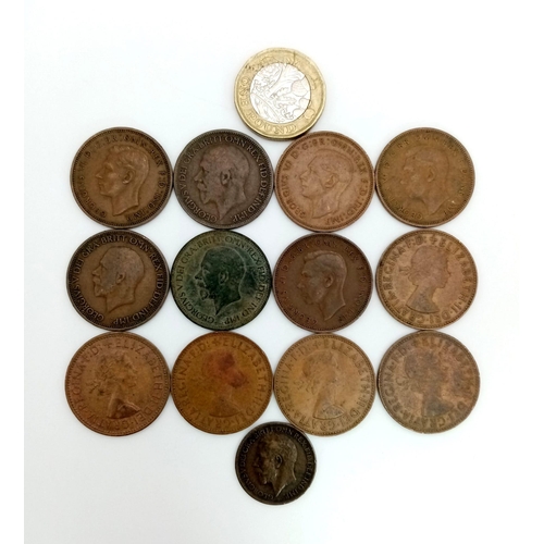 1503 - A collection of twelve 20th century Half Penny coins and one farthing. DATES, Penny's 1926,1928×2,19... 