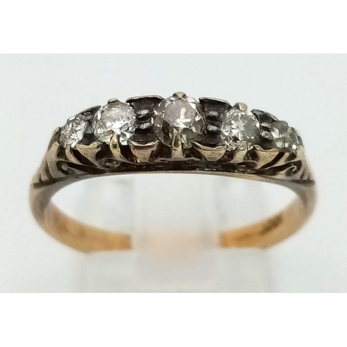 814 - A Vintage 18k Gold Five Stone Diamond Ring. Five bright white round-cut diamonds. Size O 1/2. 3.11g ... 