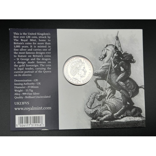 631 - Unopened .999 Fine Silver £20 Coin Depicting George and the Dragon. 27mm Diameter, 15.71 Grams Brill... 