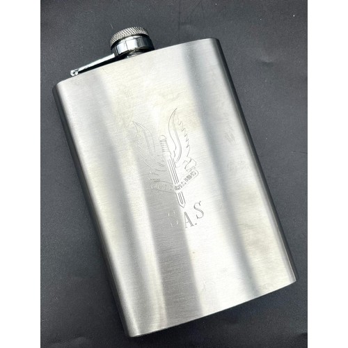 238 - An SAS engraved (WHO DARES WINS) white metal hip flask with four cups and filling funnel in original... 