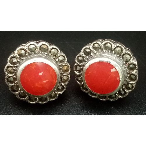 1784 - A Pair of Red Stone Silver Stud Earrings.