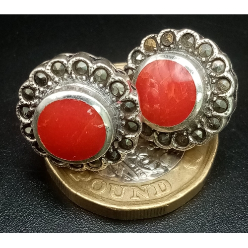 1784 - A Pair of Red Stone Silver Stud Earrings.