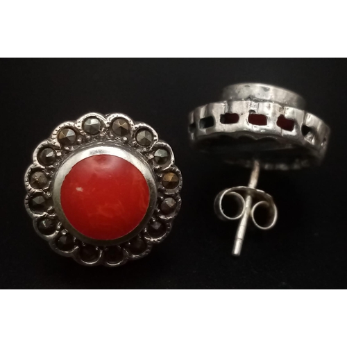 1784 - A Pair of Red Stone Silver Stud Earrings.