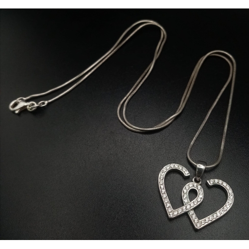 428 - STERLING SILVER CRYSTAL SET DOUBLE HEART PENDANT ON SNAKE CHAIN & STONE SET SILVER HEART RING SIZE N... 