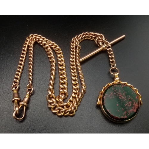 458 - An Antique 9K Rose Gold Albert Chain with Carnelian and Redstone Fob. All links hallmarked. 41cm. 19... 