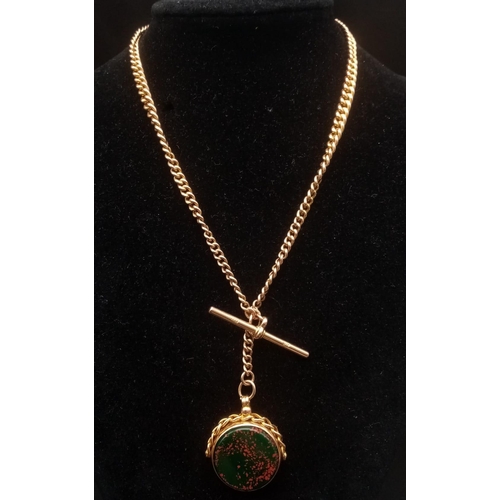 458 - An Antique 9K Rose Gold Albert Chain with Carnelian and Redstone Fob. All links hallmarked. 41cm. 19... 